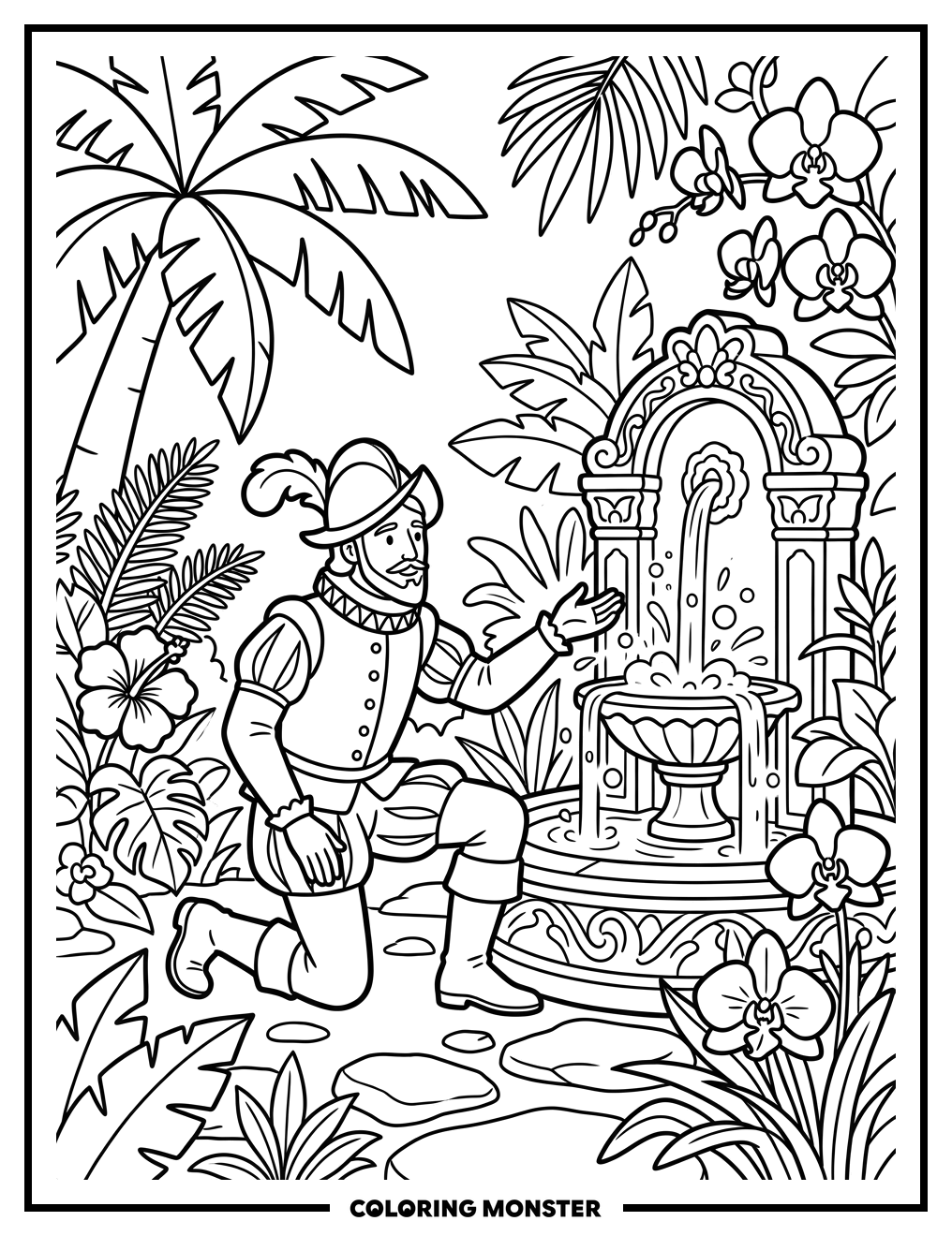 Ponce de Leon at the Fountain of Youth Coloring Page