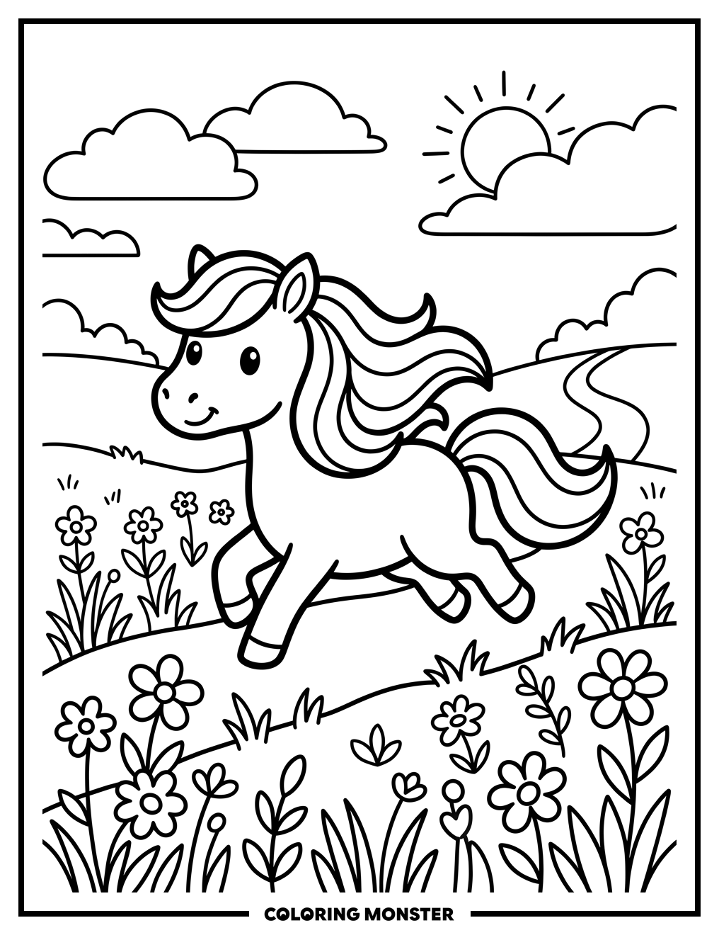 Pony Galloping Through a Wildflower Meadow Coloring Page