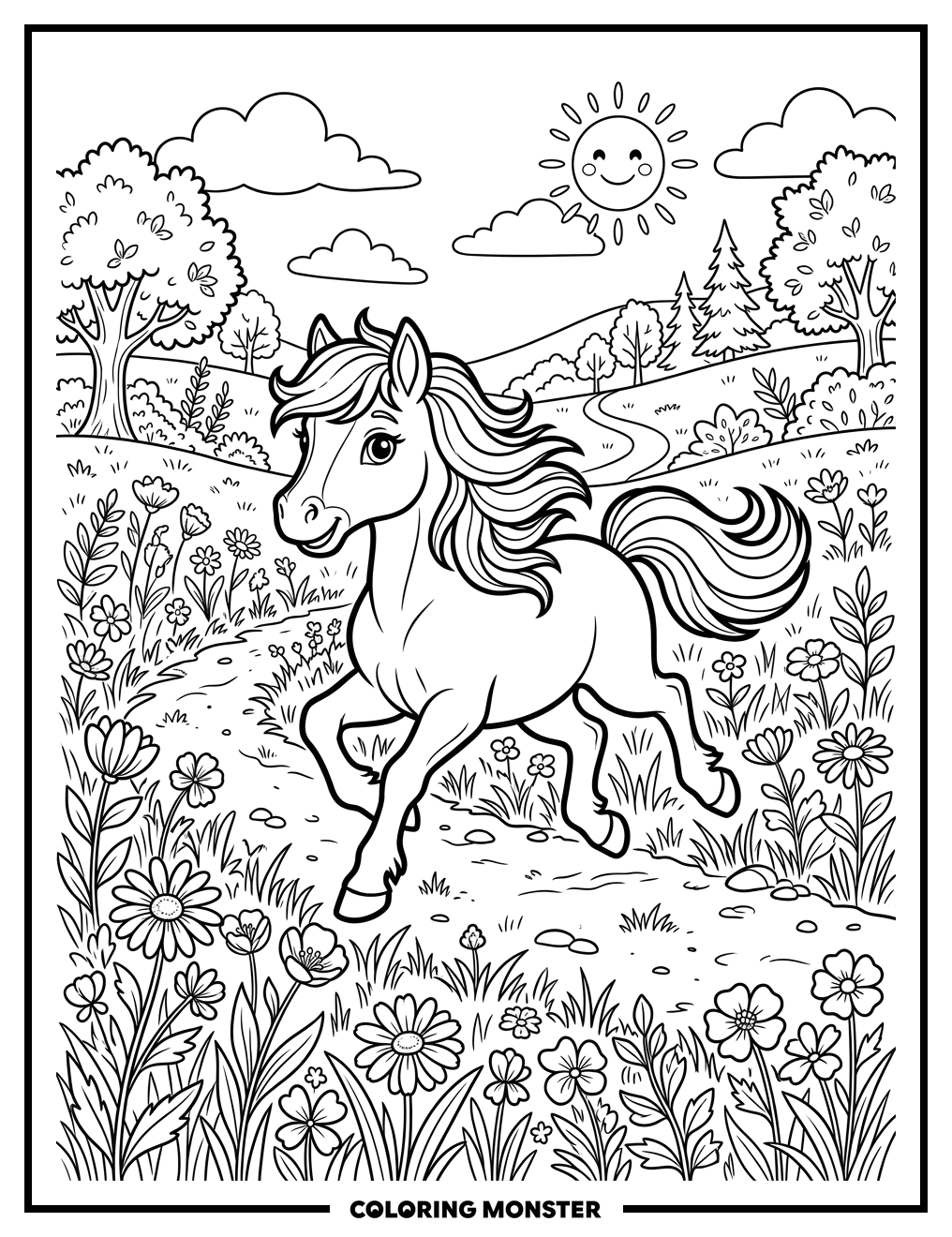 Pony Galloping Through Sunny Meadow Coloring Page
