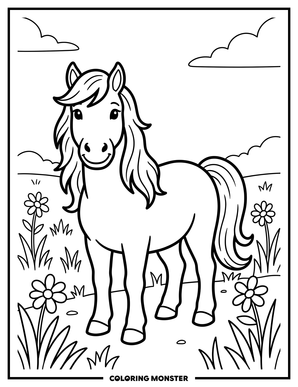 Pony in a Grassy Field Coloring Page