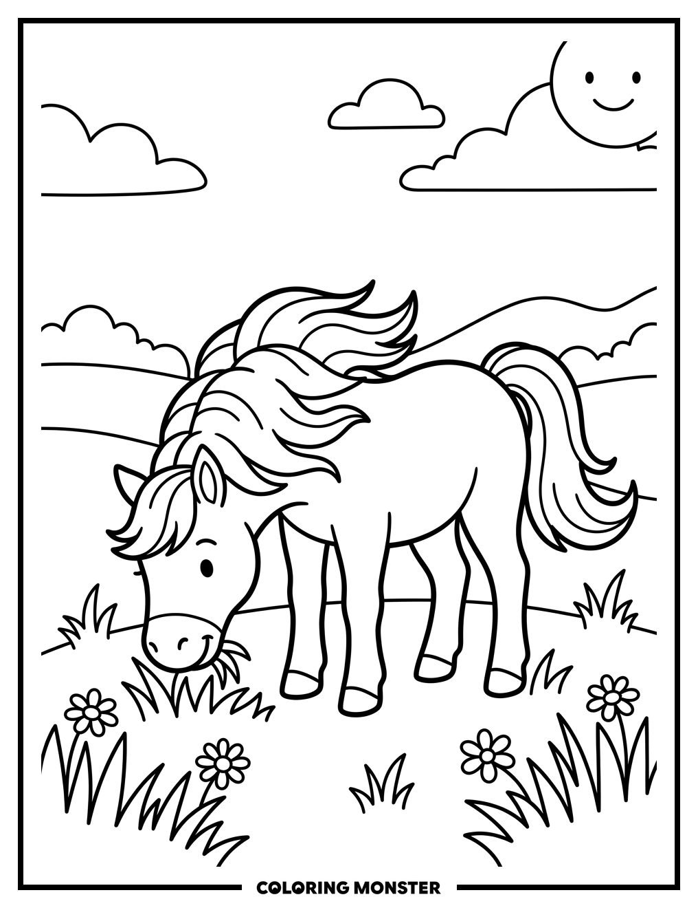 Pony in Sunny Meadow Coloring Page