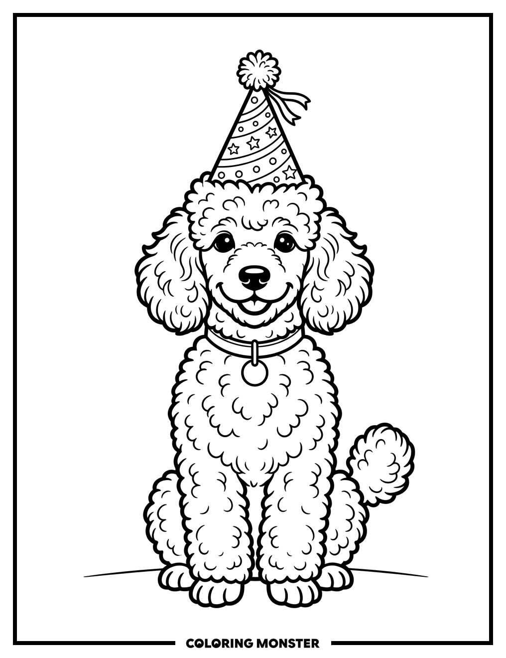 Poodle Wearing Party Hat Coloring Page