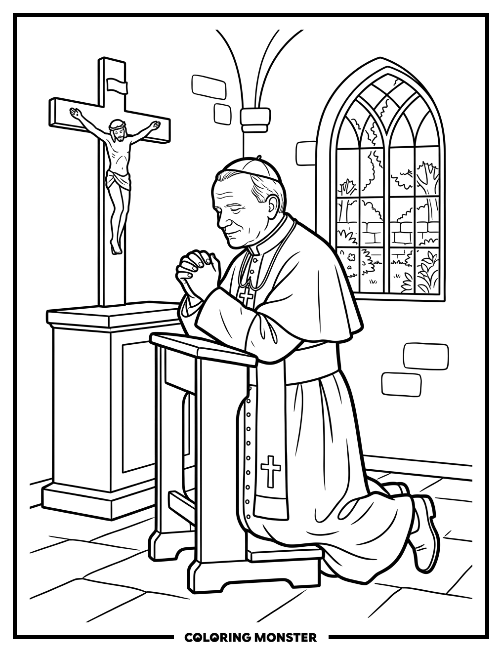 Pope John Paul II Kneeling in Prayer Coloring Page
