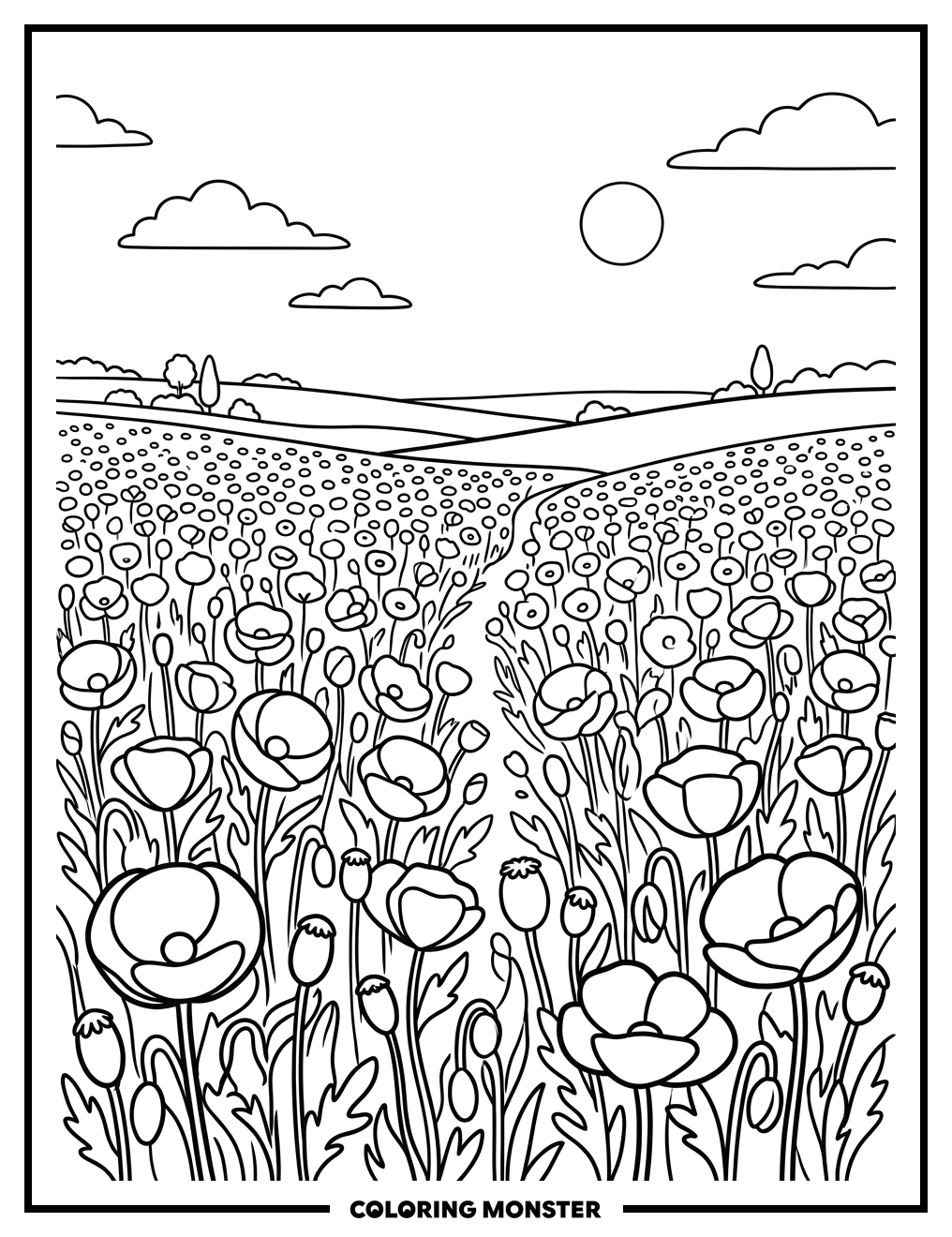 Poppy Field Under Open Sky Coloring Page