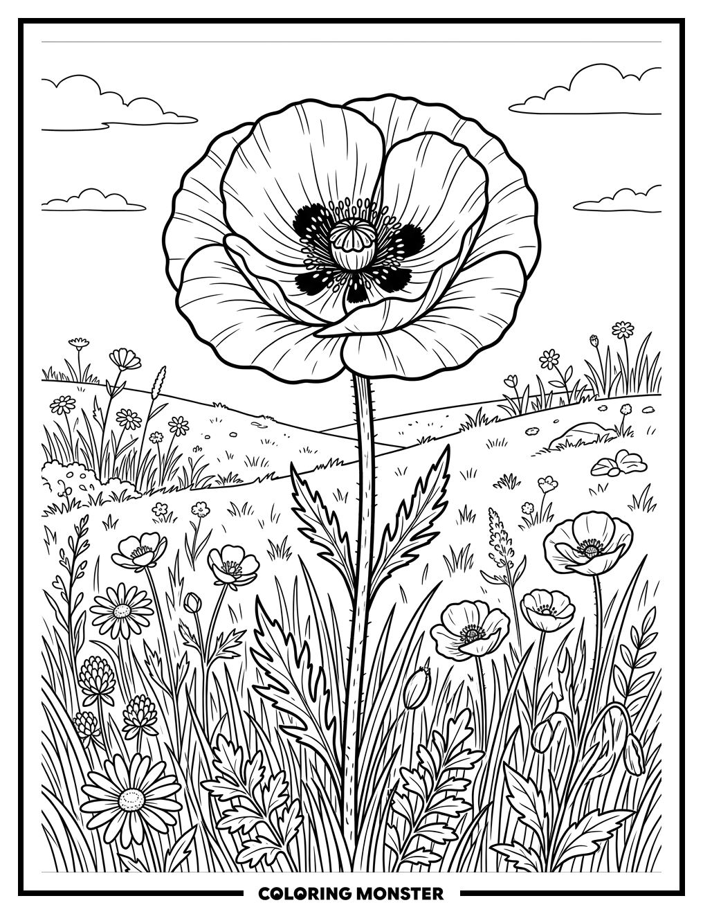 Poppy Flower in Grassy Field Coloring Page