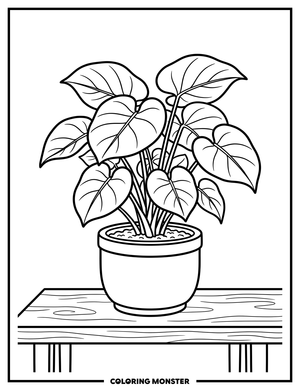 Potted Houseplant on Wooden Table Coloring Page