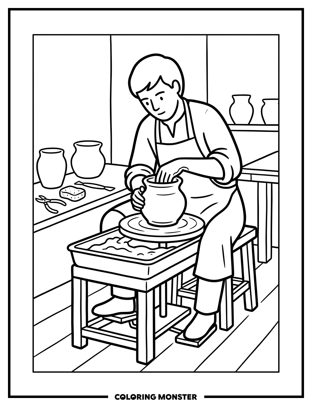 Potter Working at a Spinning Wheel Coloring Page