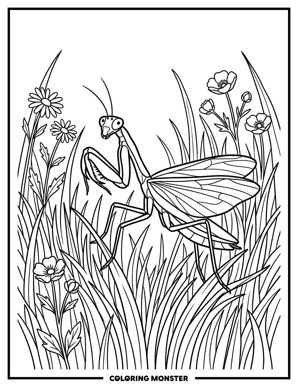 Praying Mantis in Tall Grass Coloring Page