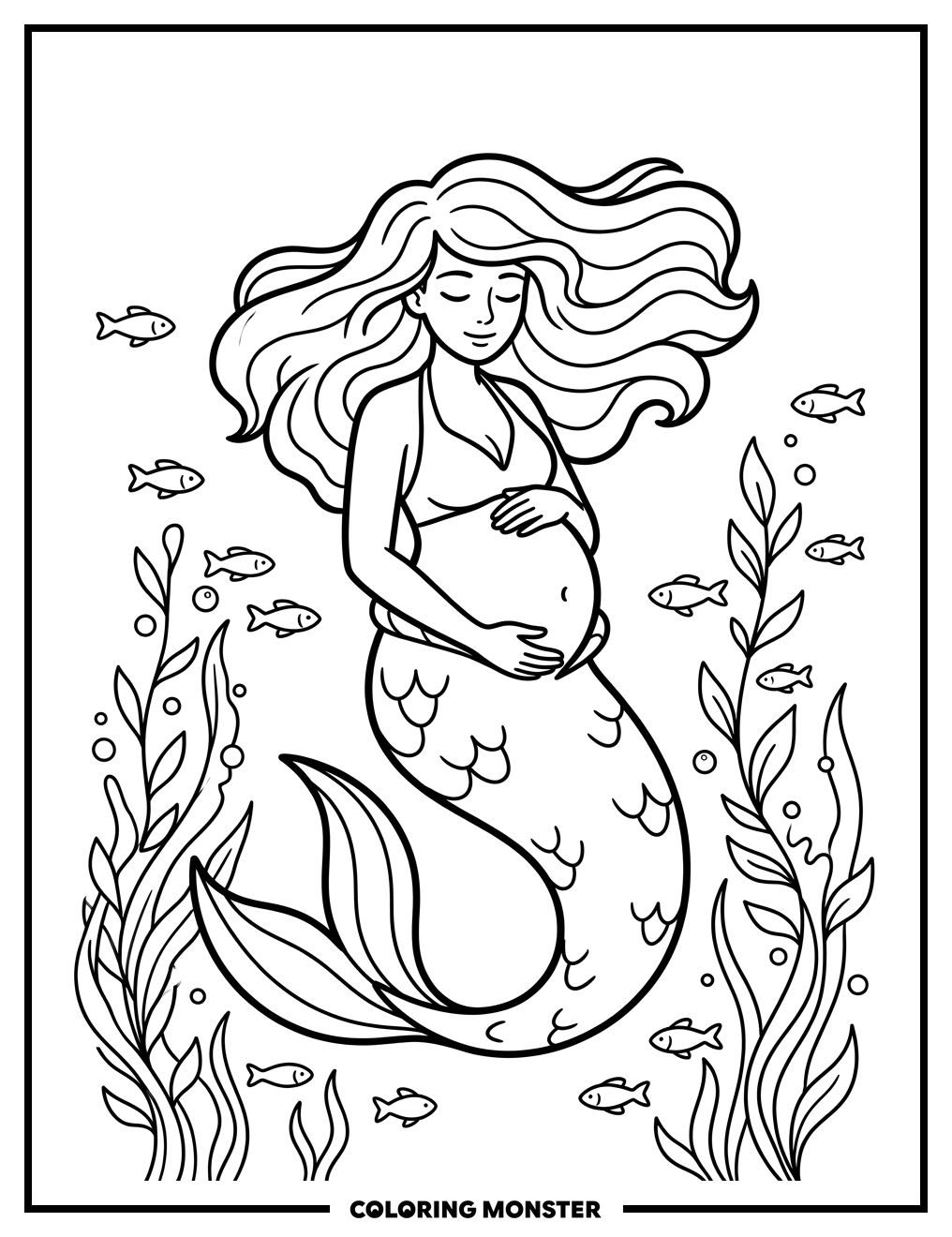Pregnant Mermaid Underwater Coloring Page