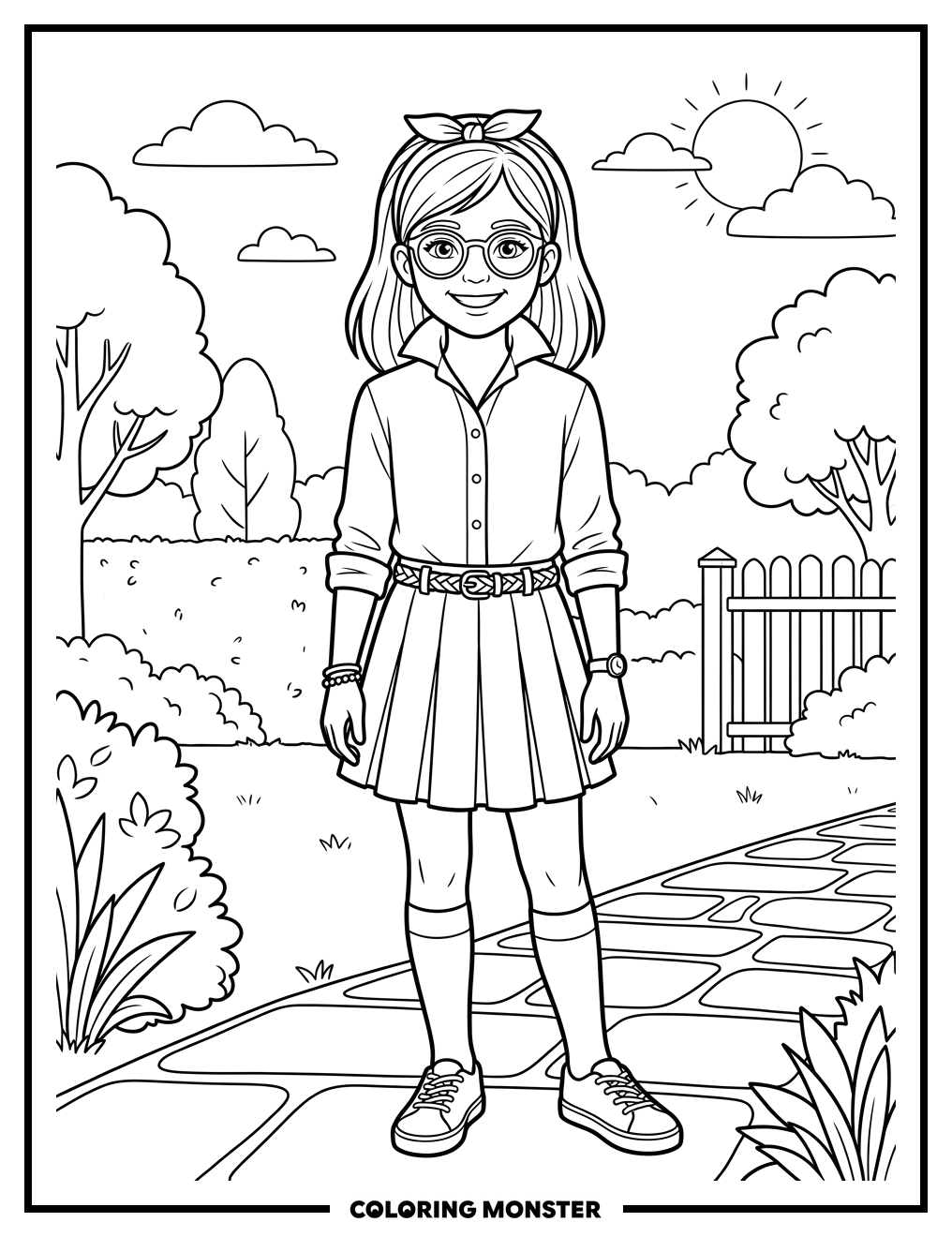 Preppy Girl in Sunglasses Coloring Page