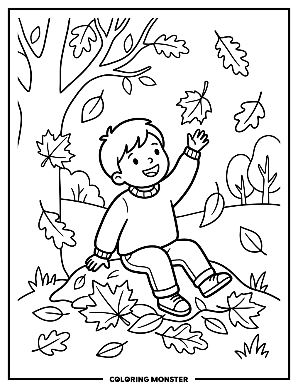 Preschooler Catching Autumn Leaves Coloring Page