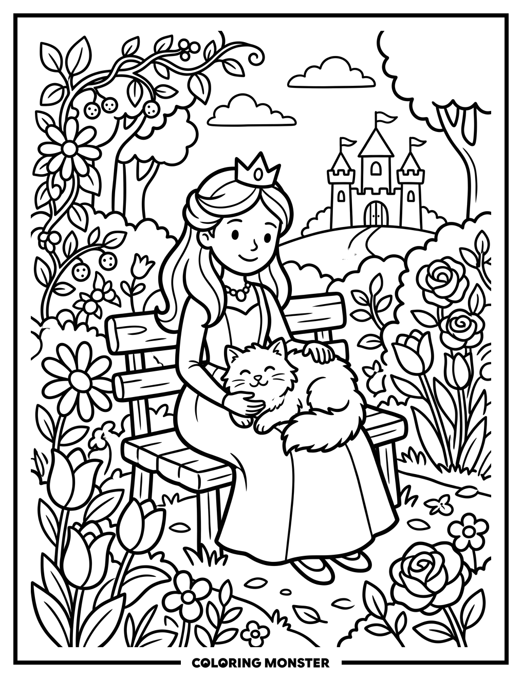 Princess and Cat in Garden Coloring Page