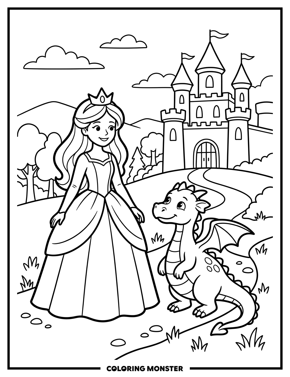 Princess and Dragon at Castle Coloring Page