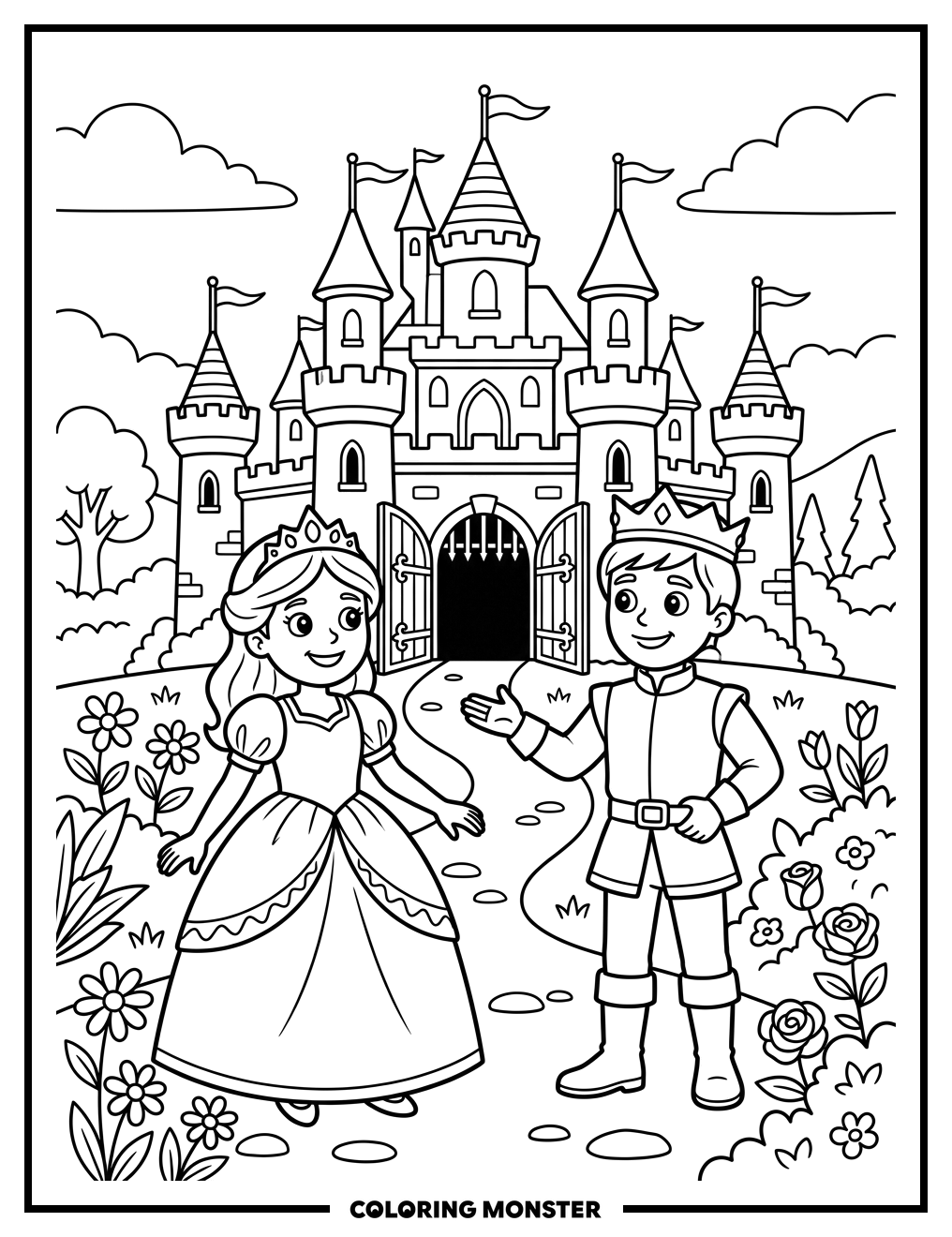 Princess and Prince at Fairytale Castle Coloring Page