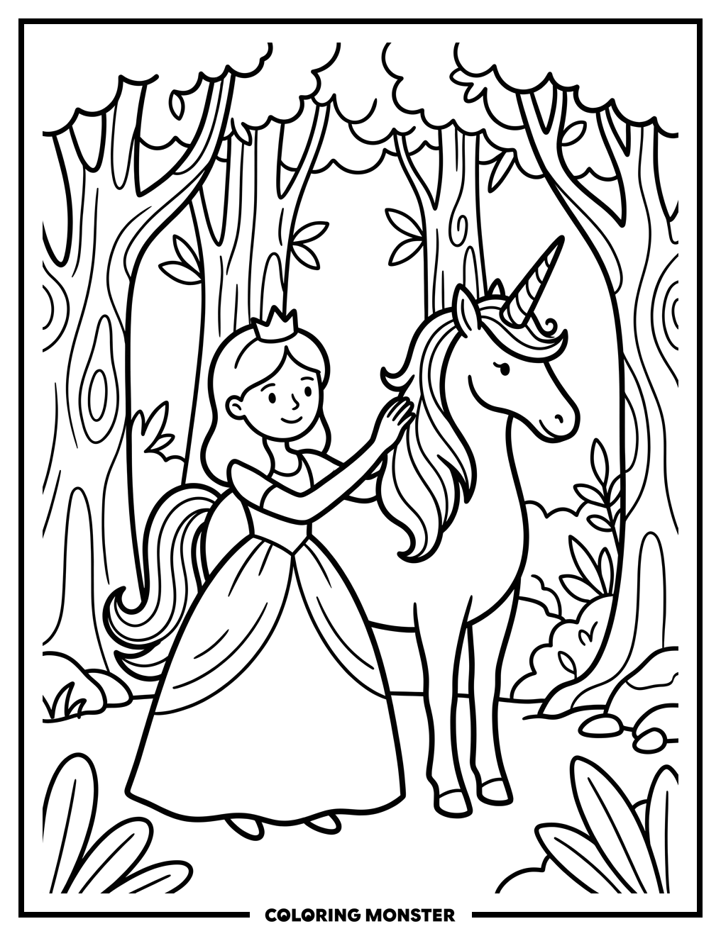 Princess and Unicorn in Enchanted Forest Coloring Page