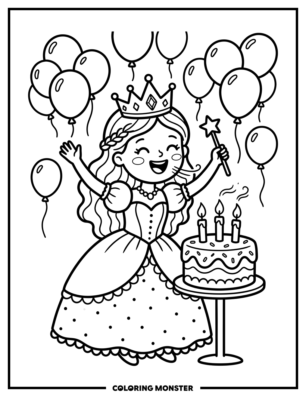 Princess Blows Out Birthday Candles Coloring Page