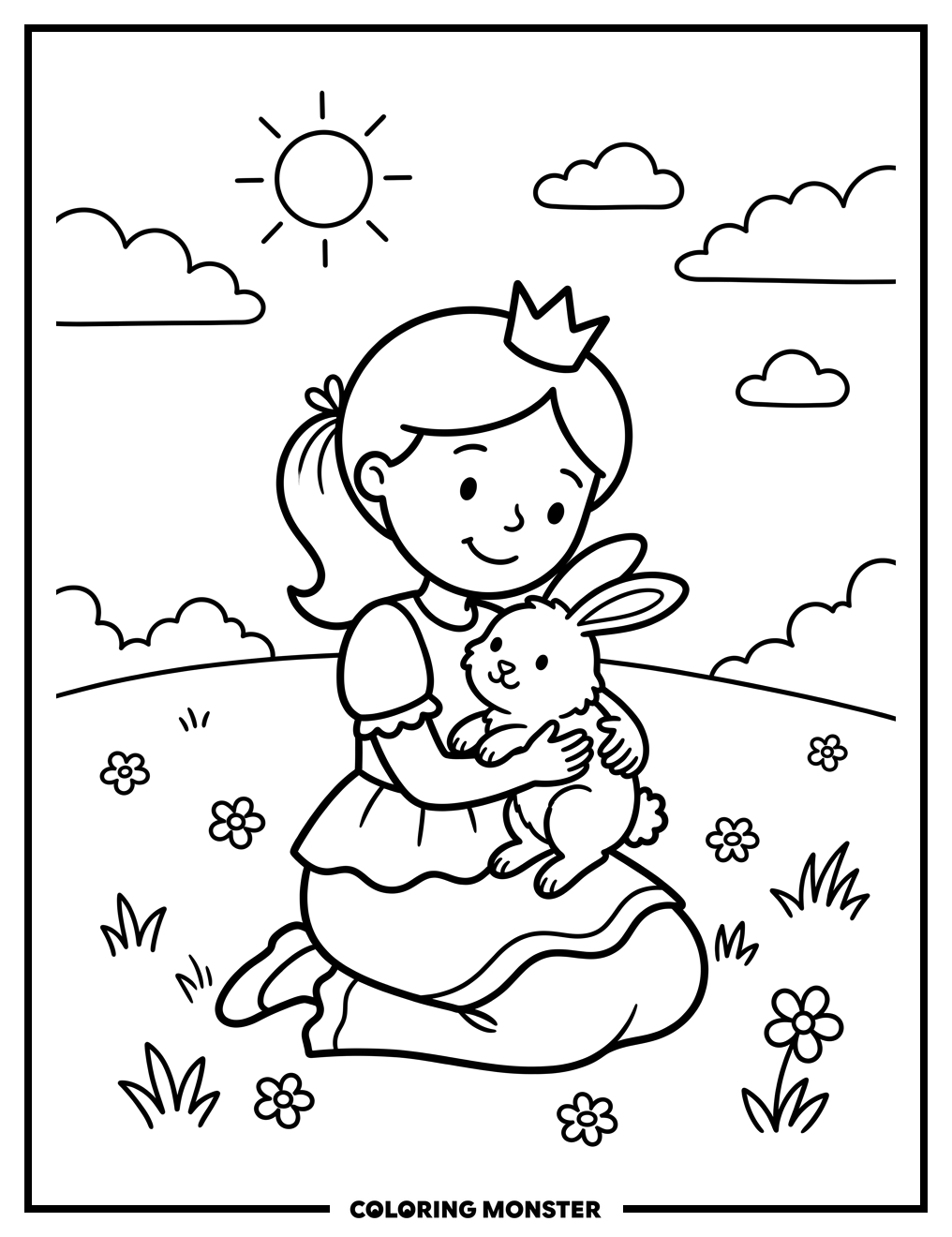 Princess Cuddles Bunny In Meadow Coloring Page