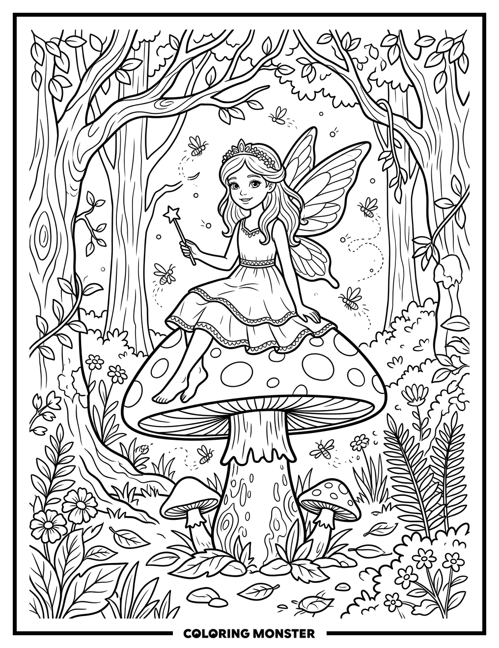 Princess Fairy on Mushroom Coloring Page