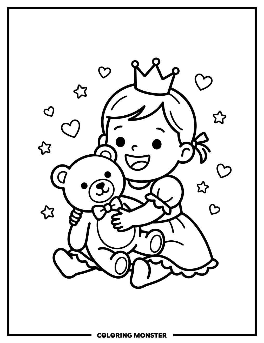 Princess Hugs Teddy Bear Coloring Page