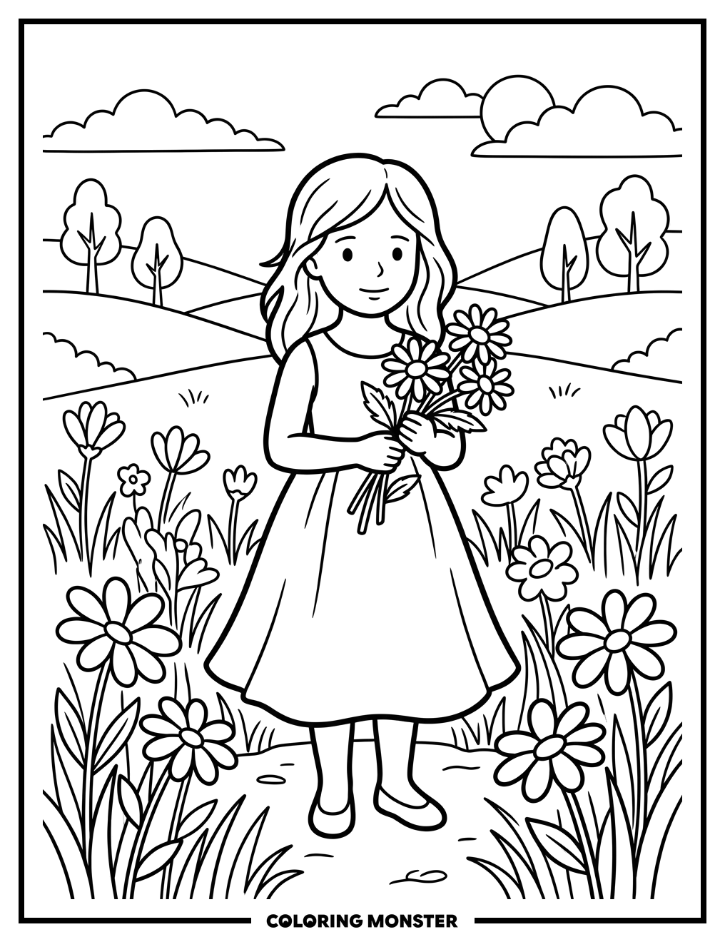 Princess in a Wildflower Meadow Coloring Page