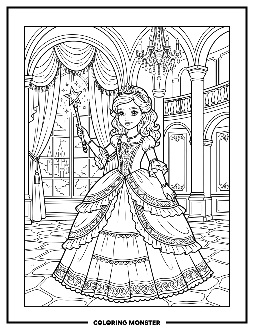 Princess in Grand Ballroom Coloring Page