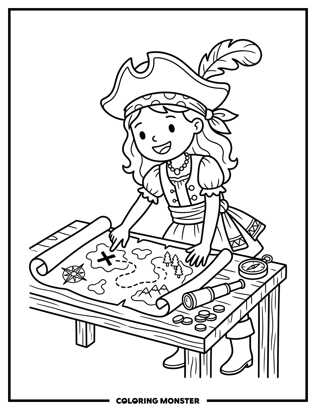 Princess Pirate With Treasure Map Coloring Page