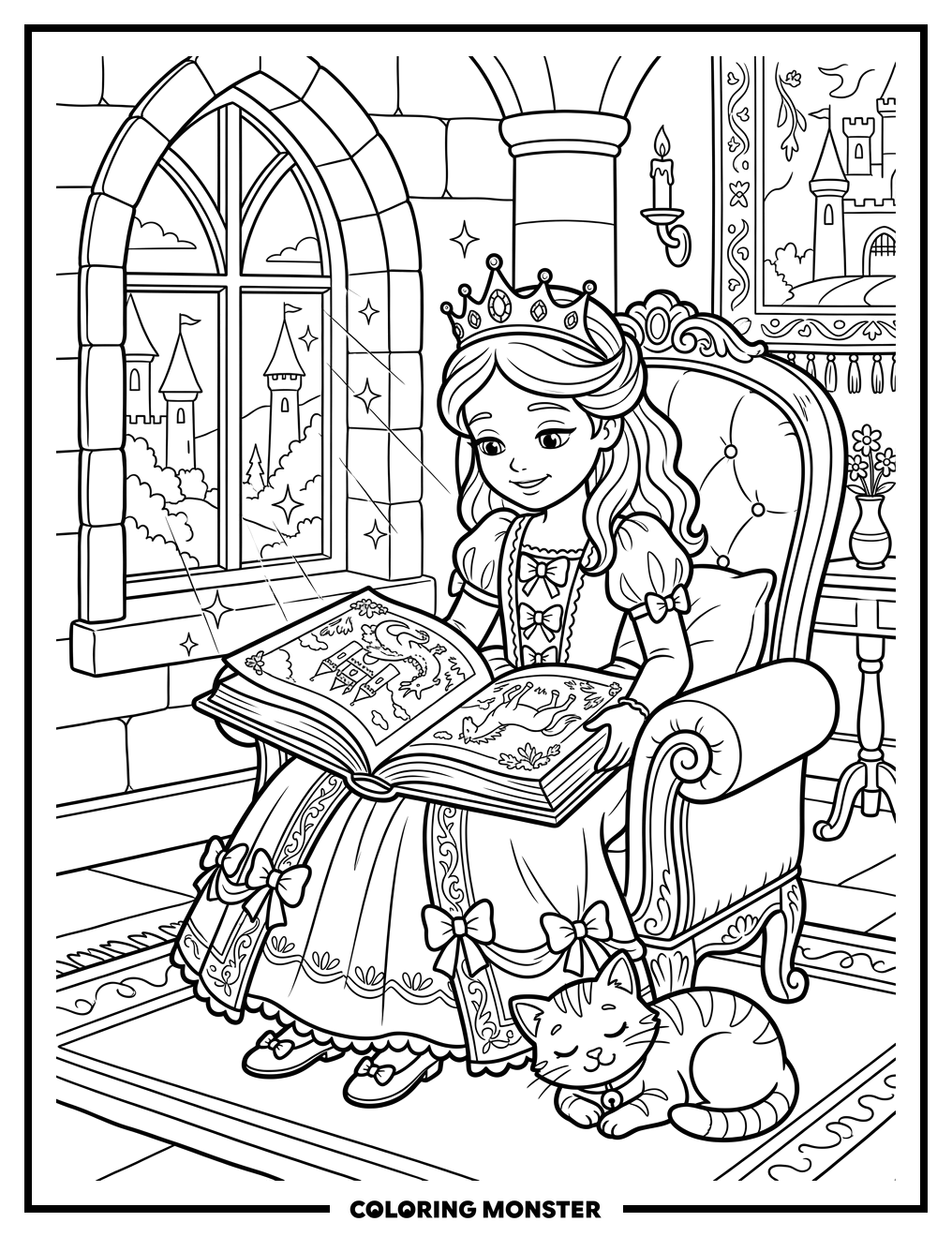 Princess Reading a Storybook with Cat Coloring Page