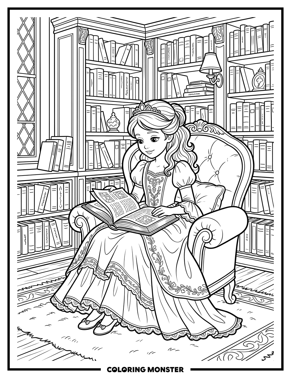 Princess Reading in a Cozy Library Coloring Page