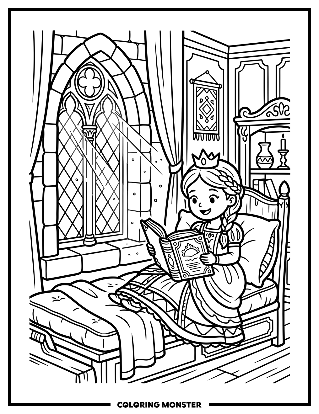 Princess Reading in a Sunlit Window Coloring Page