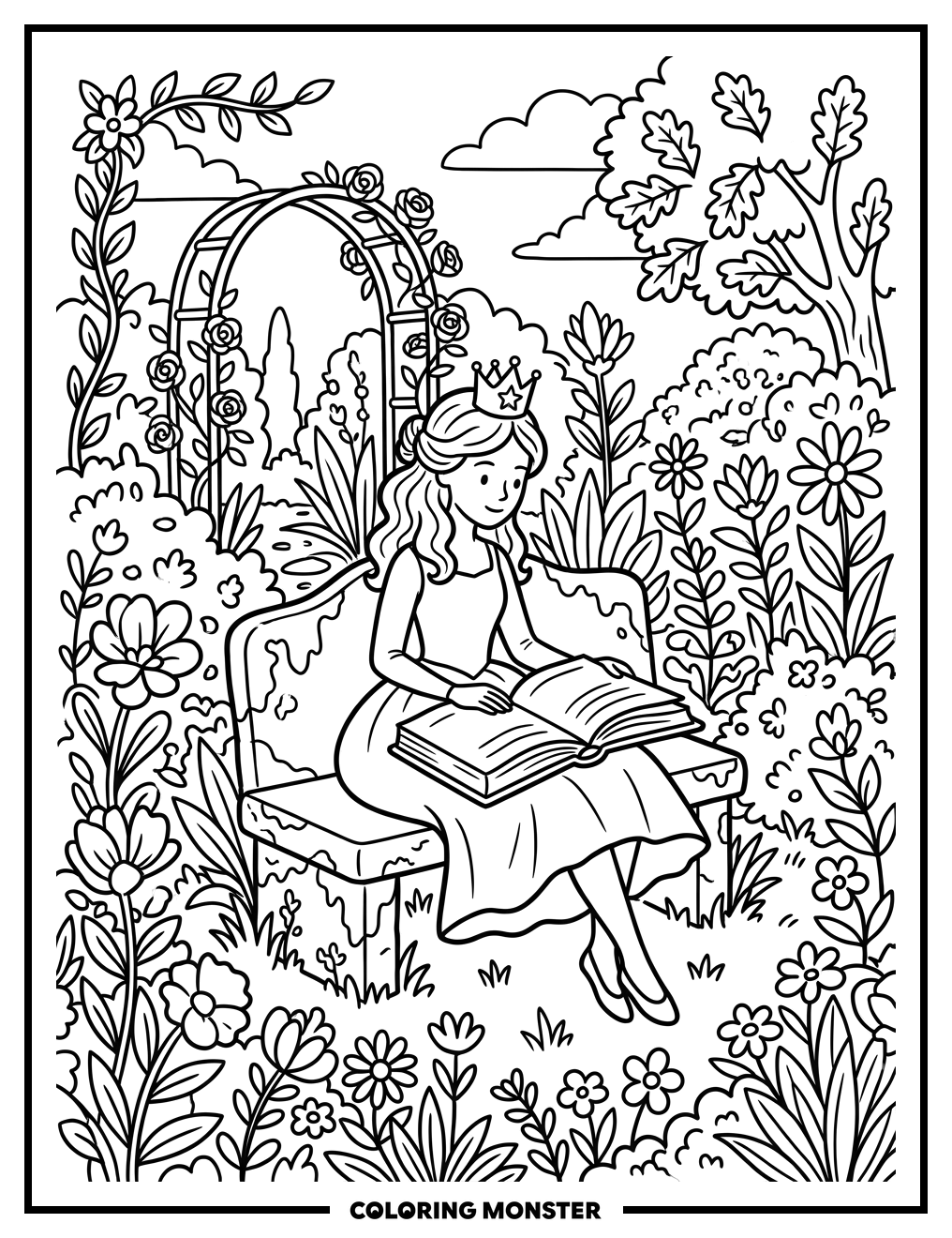 Princess Reading on Garden Bench Coloring Page