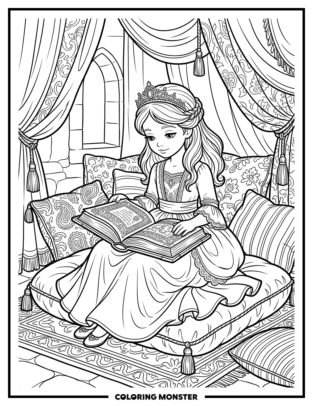 Princess Reading On Velvet Cushion Coloring Page