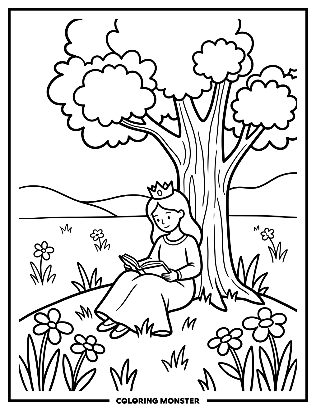 Princess Reading Under Tree Coloring Page