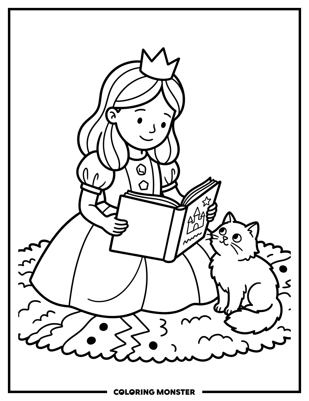 Princess Reading With Cat Coloring Page