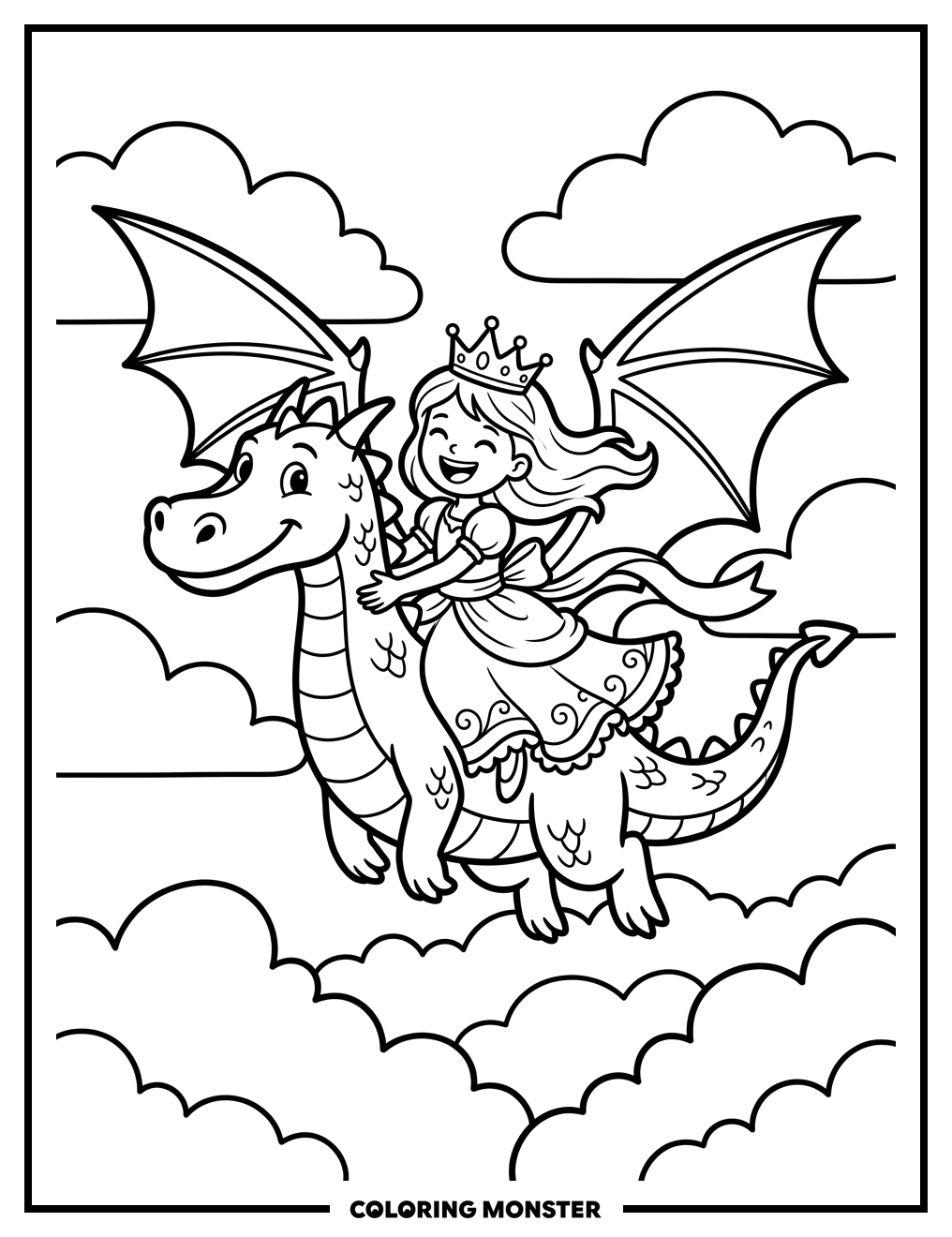 Princess Riding a Friendly Dragon Coloring Page
