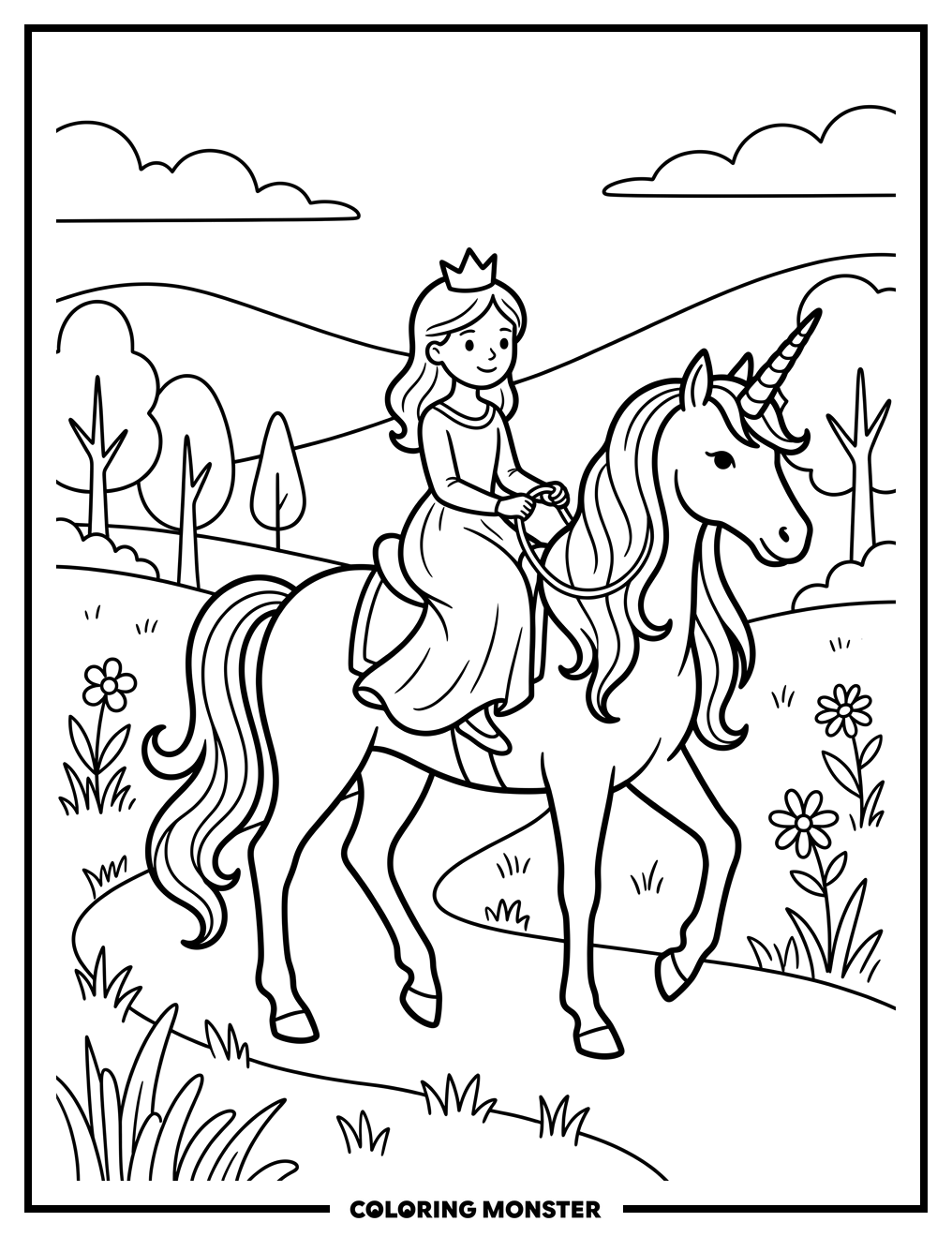 Princess Riding a Unicorn Coloring Page