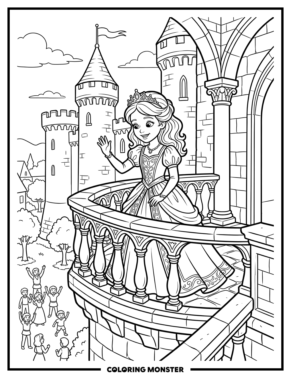 Princess Waves From Castle Balcony Coloring Page
