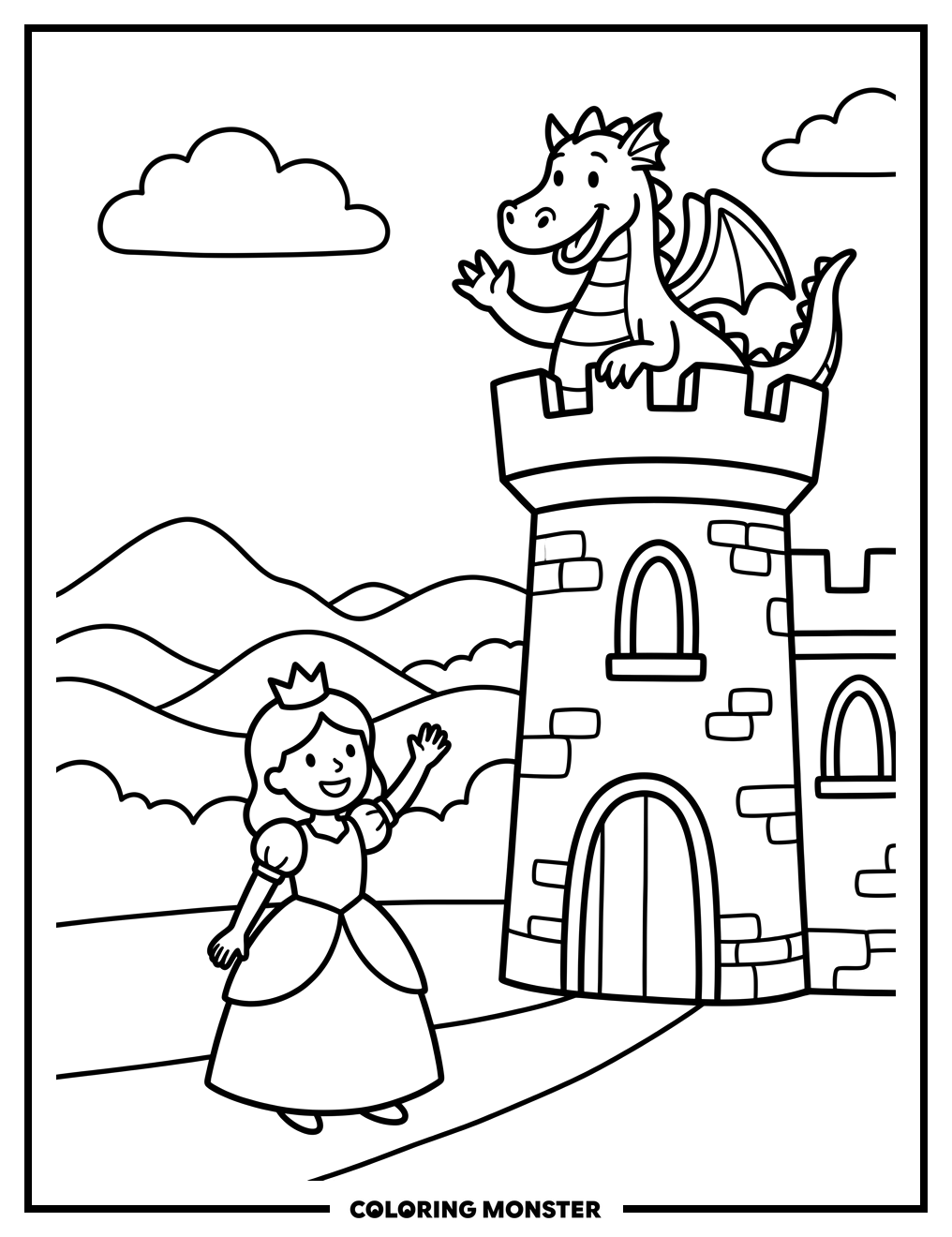 Princess Waves To Dragon At Castle Coloring Page