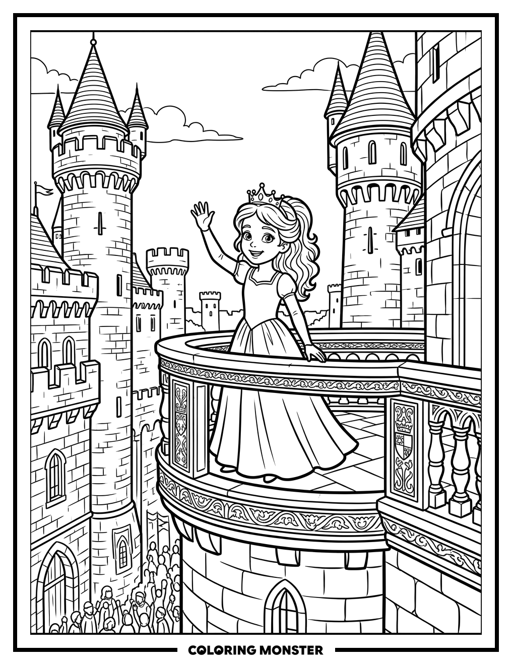 Princess Waving from Castle Balcony Coloring Page