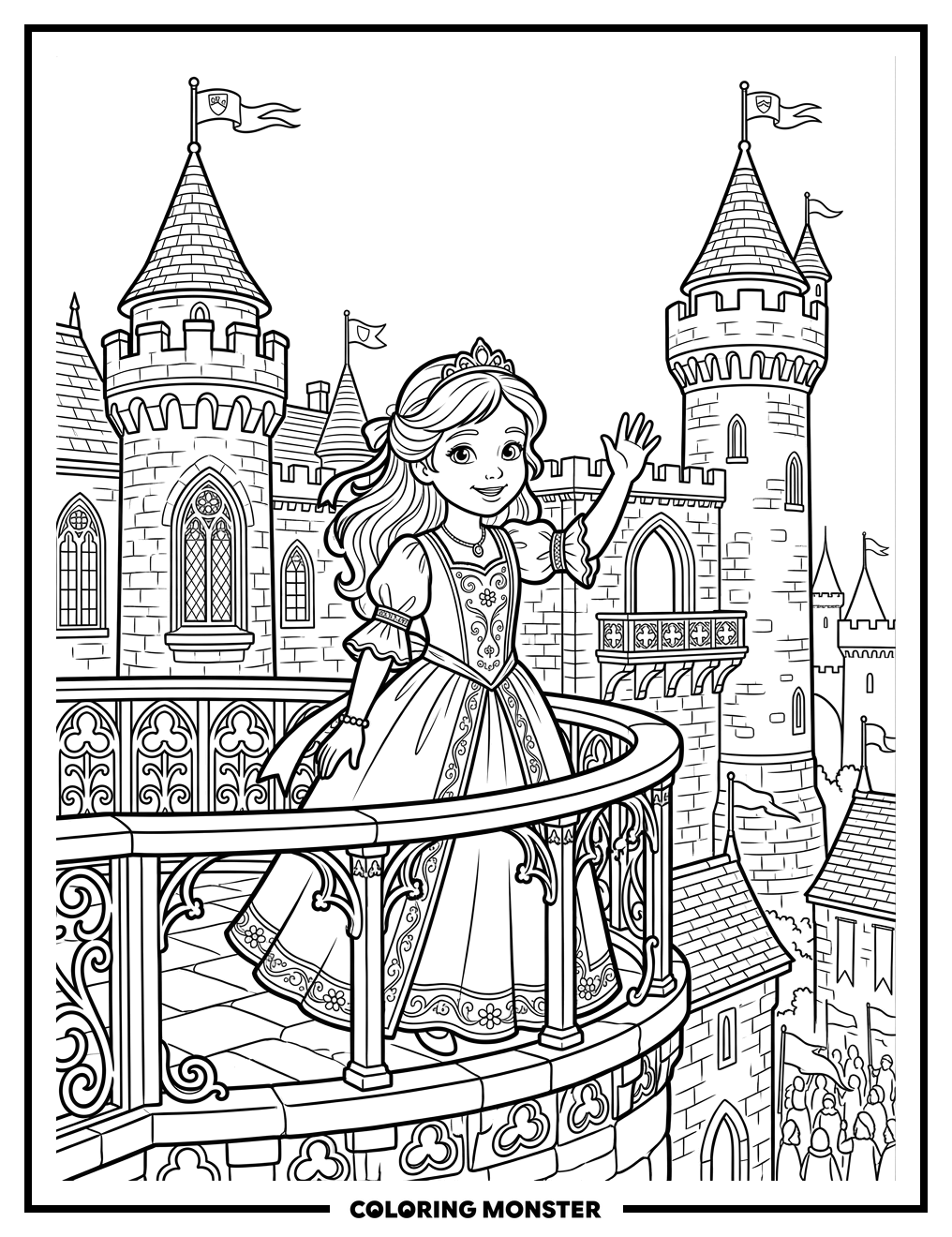 Princess Waving From Castle Balcony Coloring Page