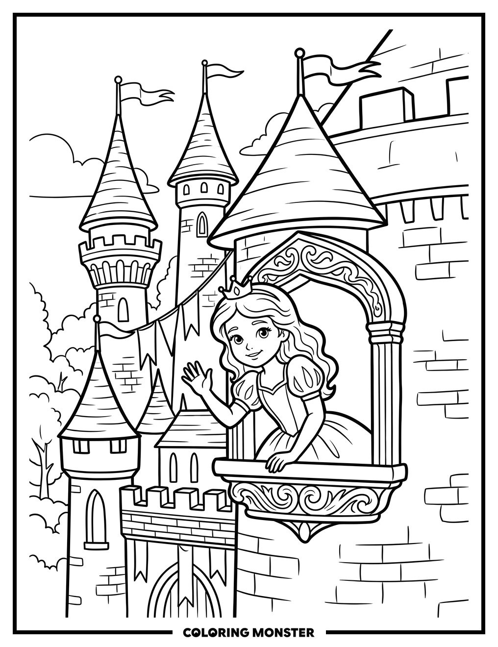 Princess Waving From Castle Window Coloring Page