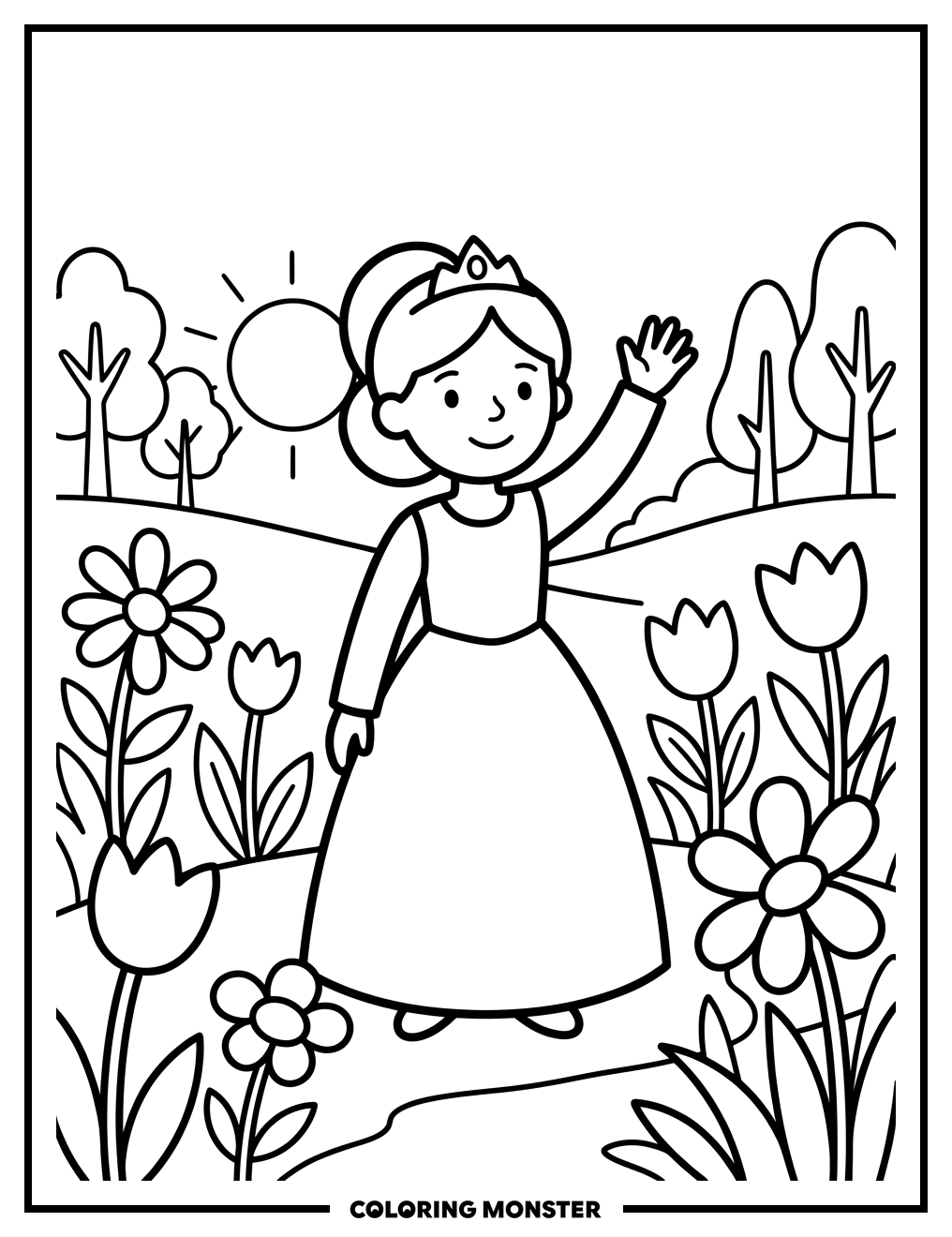 Princess Waving in Wildflower Meadow Coloring Page