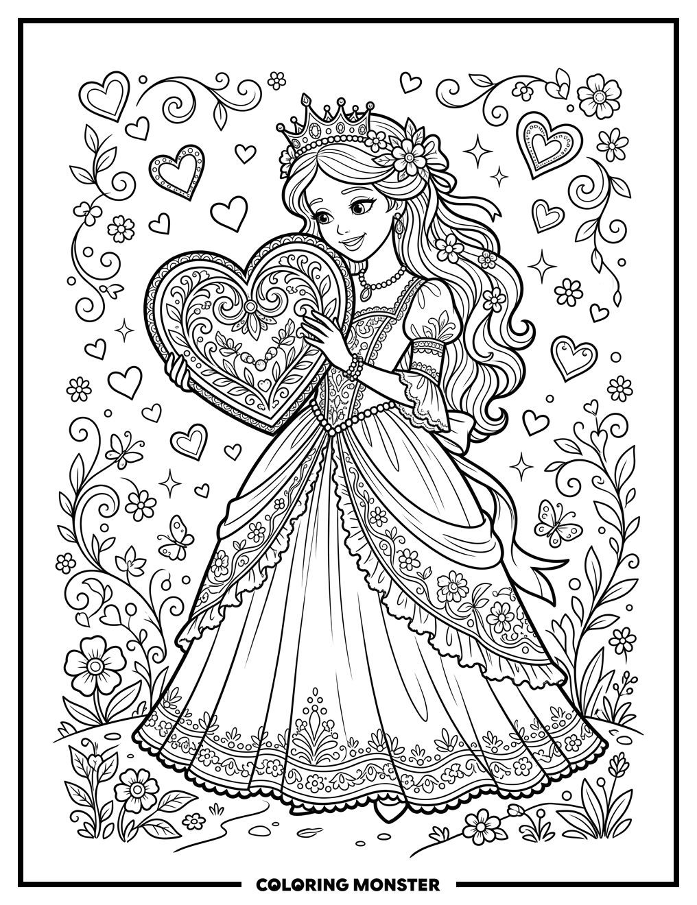Princess With Heart Gift Coloring Page