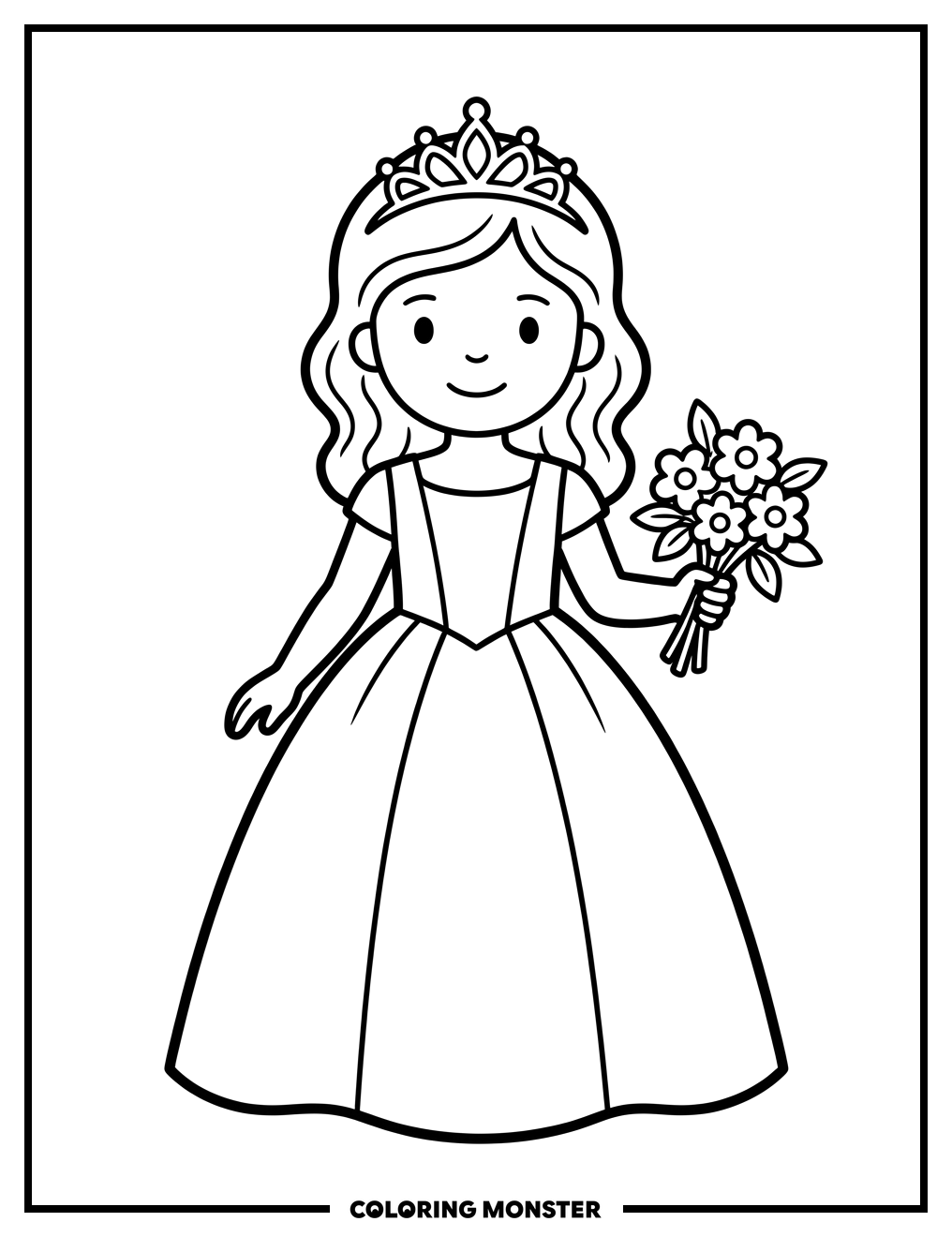 Princess with Tiara and Flowers Coloring Page