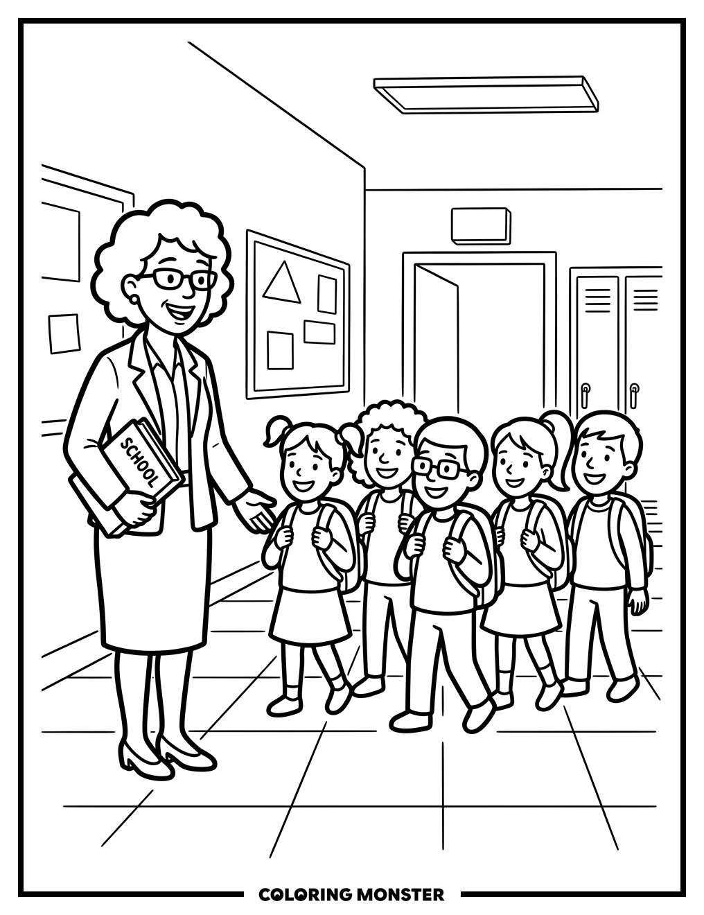 Principal Greets Students In Hallway Coloring Page