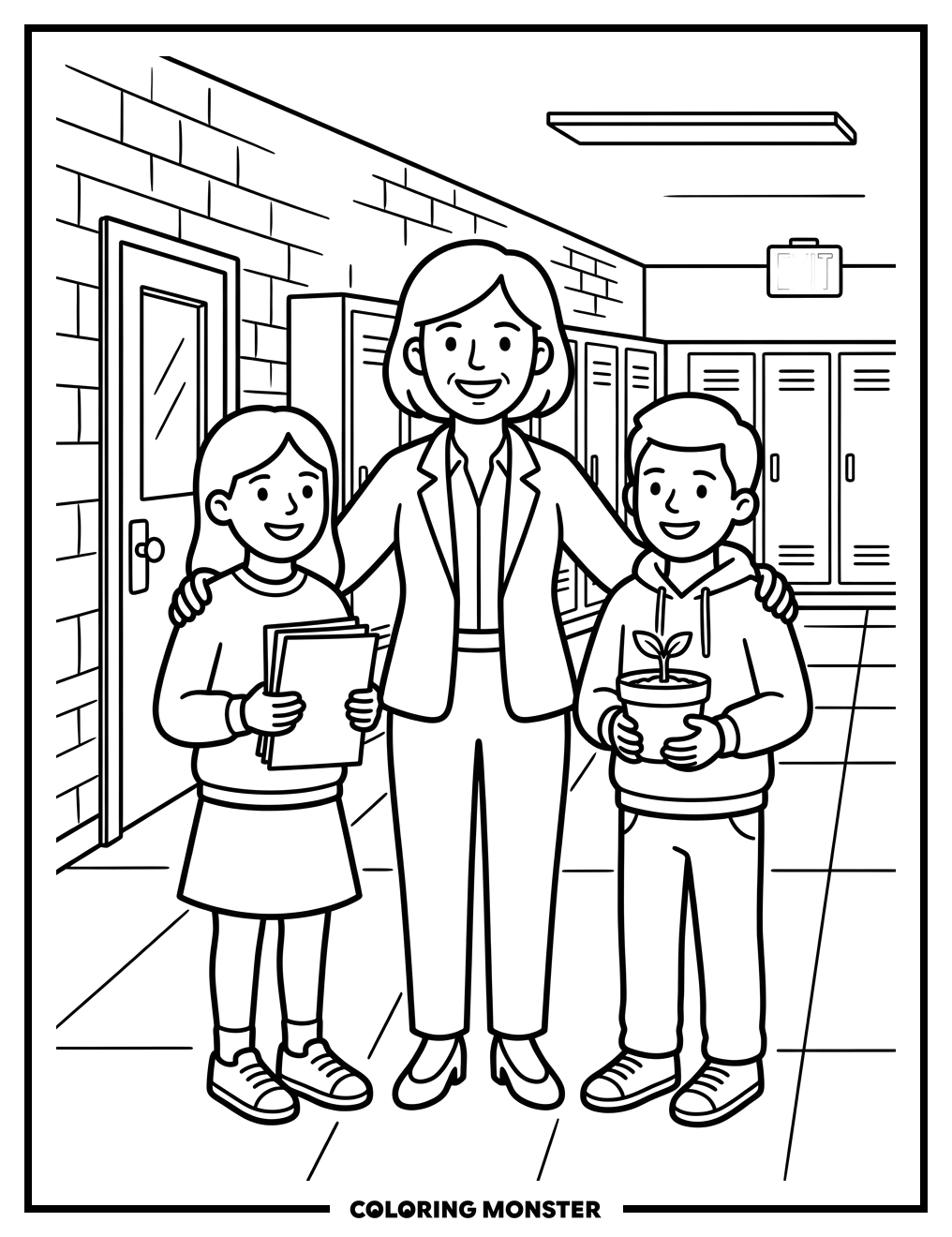 Principal with Students in Hallway Coloring Page