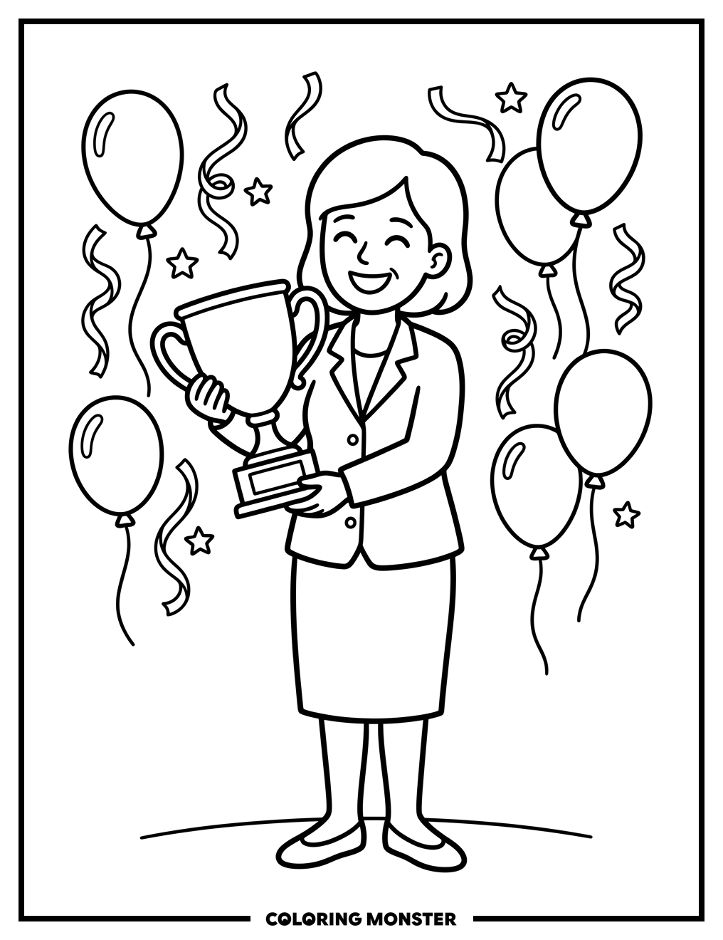 Principal With Trophy And Balloons Coloring Page