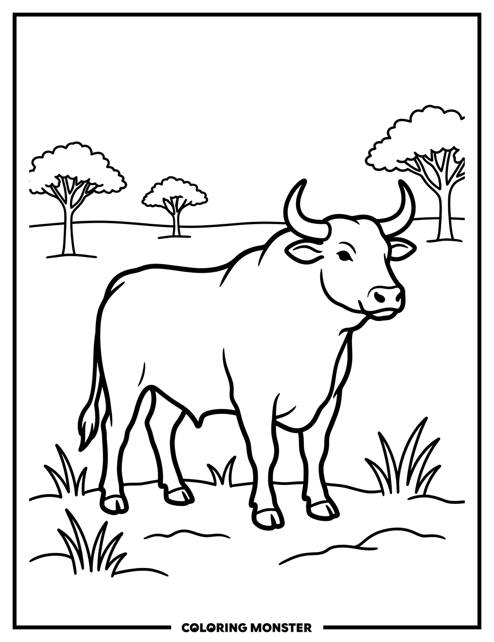 Proud Bull in Grassy Field Coloring Page