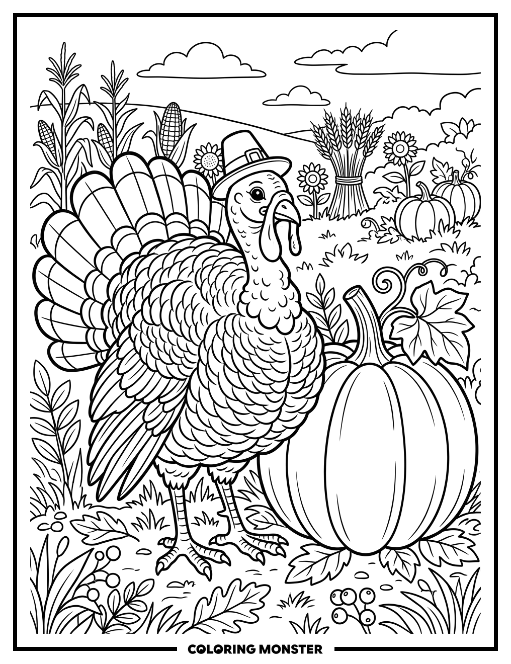 Proud Turkey And Pumpkin Coloring Page