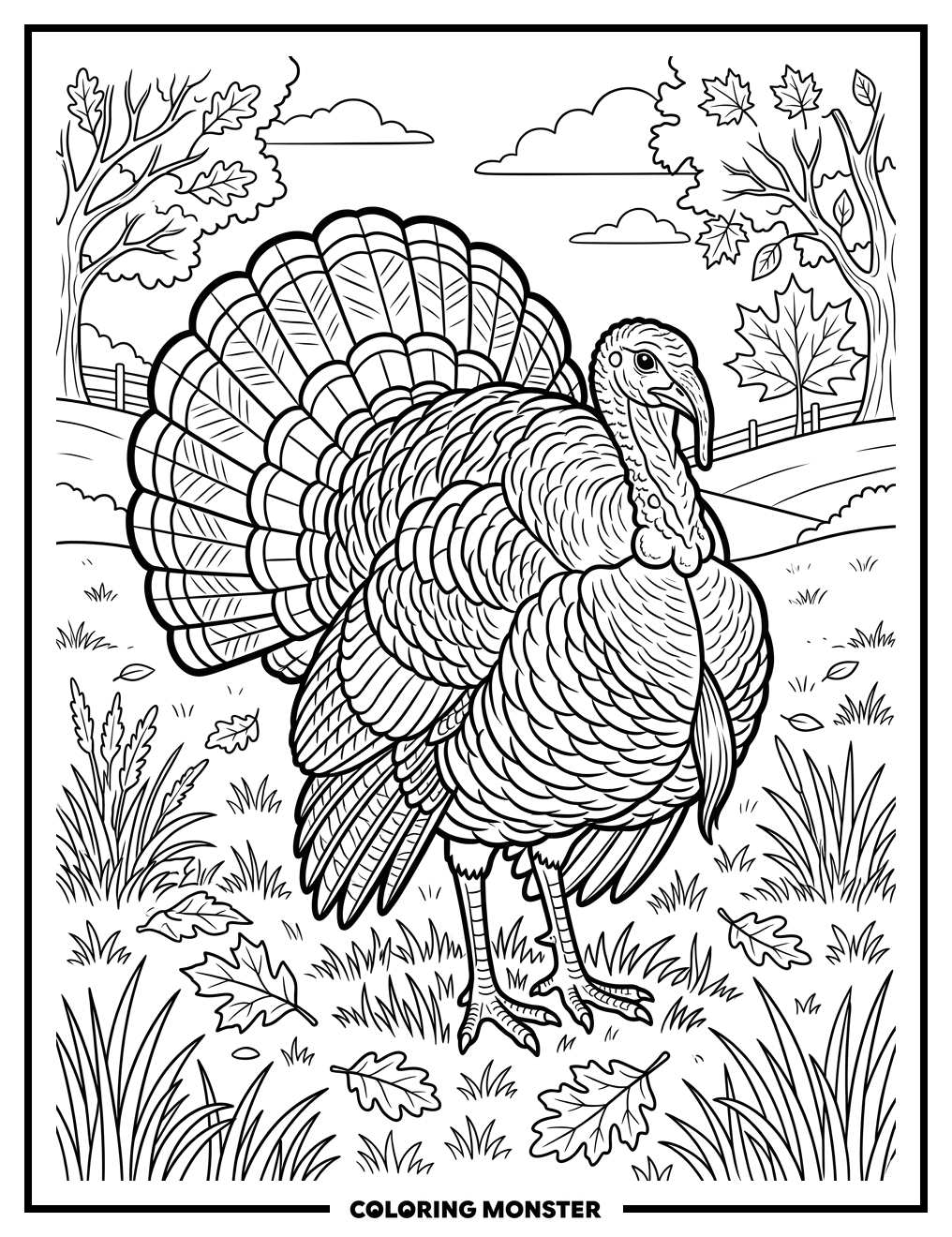 Proud Turkey in Autumn Field Coloring Page