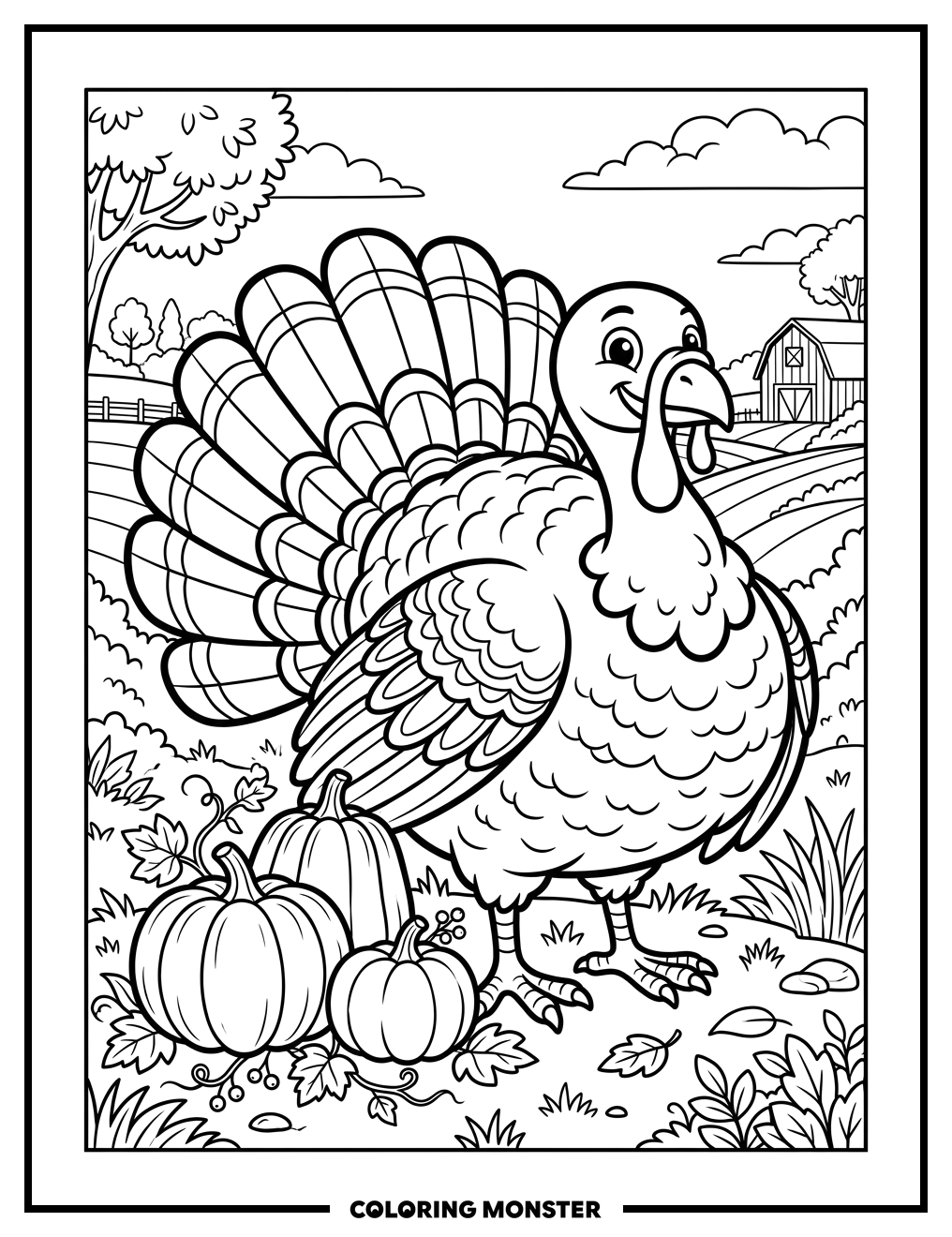 Proud Turkey With Pumpkins Coloring Page